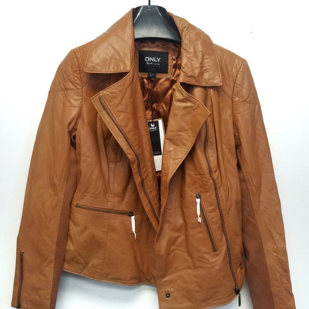 Only Biker Light Brown Leather Jacket